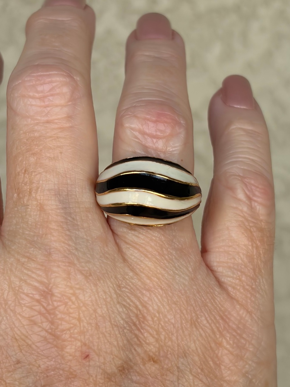 Vintage 90’s Art Deco Gold Black and Ivory Enameled Zebra Dome Ring